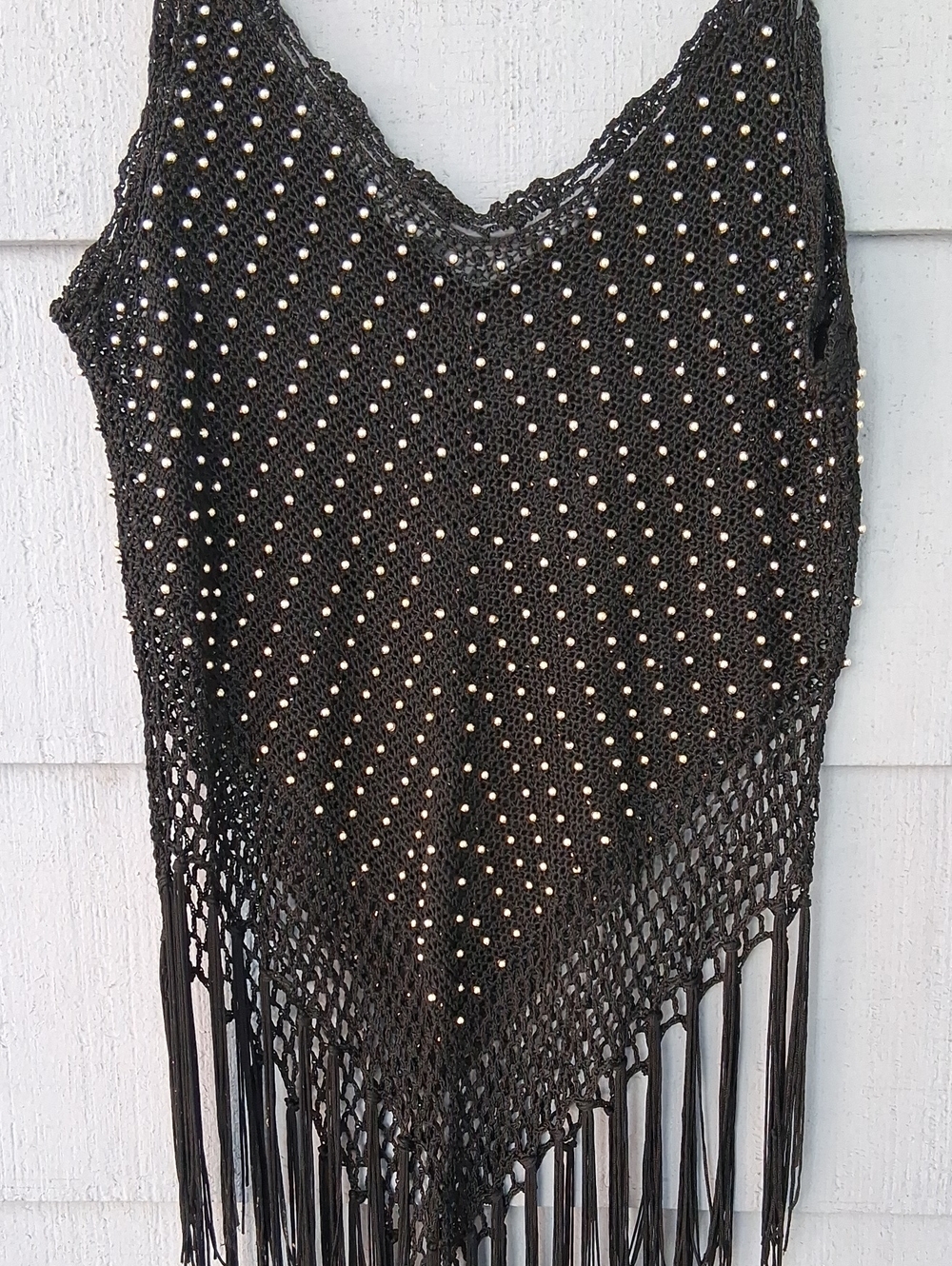 Black Beaded Crochet Fringe Mesh Tank